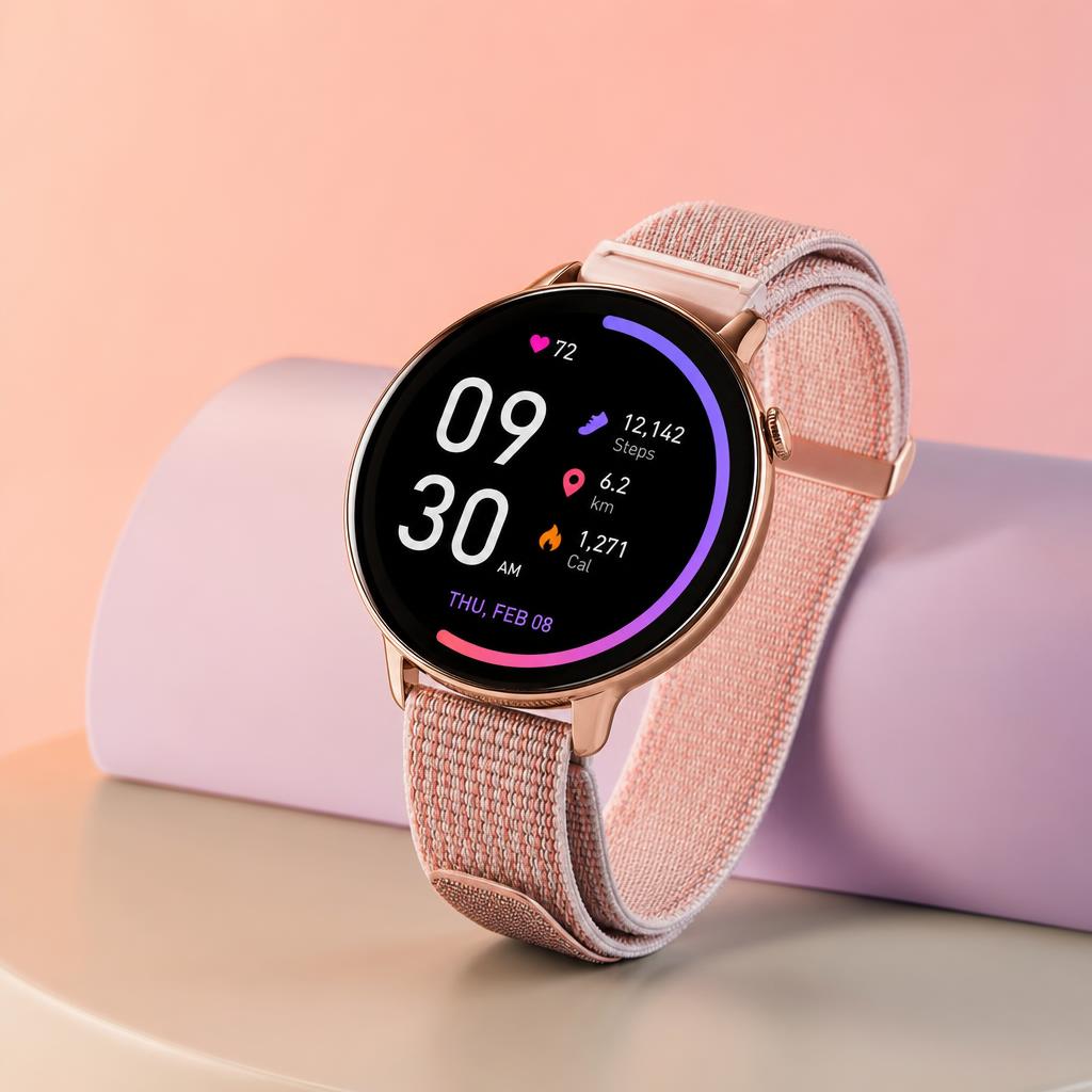 Smartwatch Luma premium em destaque com tela acesa